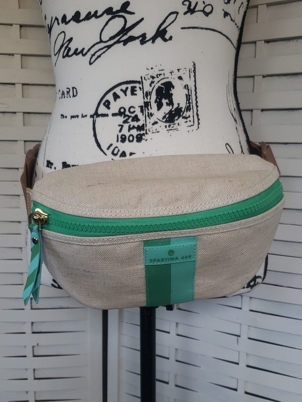 Spartina 449 Beige Canvas Crossbody Belt Bag with Green Trim